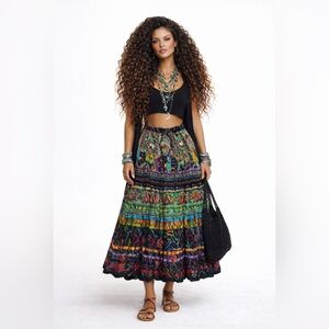 Boho Patchwork Tiered Maxi Skirt M Colorful Festival Gypsy Vibes